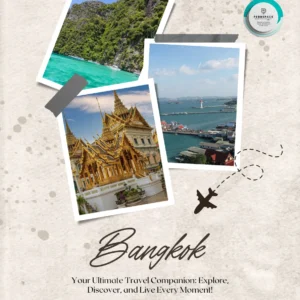 A vibrant collage showcasing iconic Bangkok landmarks, including the Grand Palace and city skyline, promoting a travel guide to explore Bangkok