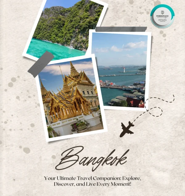A vibrant collage showcasing iconic Bangkok landmarks, including the Grand Palace and city skyline, promoting a travel guide to explore Bangkok
