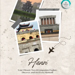 Hanoi travel guide cover featuring iconic landmarks like Ho Chi Minh Mausoleum, Hanoi Opera House, and historic temples.