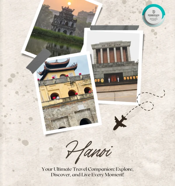 Hanoi travel guide cover featuring iconic landmarks like Ho Chi Minh Mausoleum, Hanoi Opera House, and historic temples.