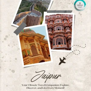 A vibrant collage showcasing Jaipur’s iconic landmarks, including Hawa Mahal and Amber Fort, highlighting the city's rich architectural and cultural heritage
