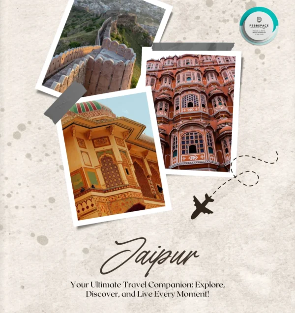 A vibrant collage showcasing Jaipur’s iconic landmarks, including Hawa Mahal and Amber Fort, highlighting the city's rich architectural and cultural heritage