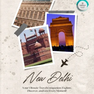 A vibrant collage featuring New Delhi’s iconic landmarks, including the India Gate, Red Fort, and Rashtrapati Bhavan, showcasing the city’s historical and cultural essence.