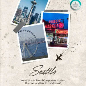 A cityscape of Seattle highlighting the Space Needle, Pike Place Market, and the waterfront skyline.