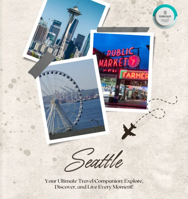 A cityscape of Seattle highlighting the Space Needle, Pike Place Market, and the waterfront skyline.