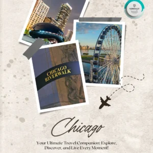 An iconic image of Chicago with the Cloud Gate (The Bean), Willis Tower, and the Chicago River.