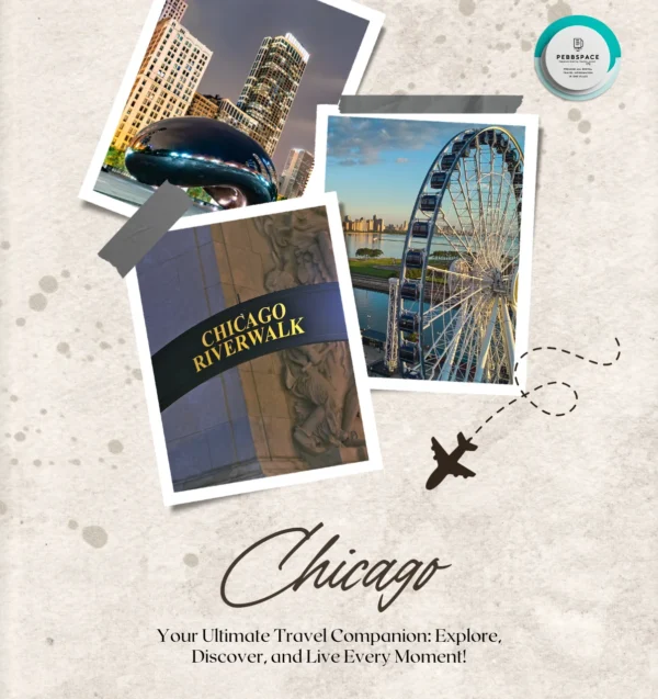 An iconic image of Chicago with the Cloud Gate (The Bean), Willis Tower, and the Chicago River.