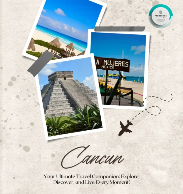 A tropical paradise image of Cancún featuring white sandy beaches, turquoise waters, and vibrant nightlife.