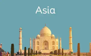 The Taj Mahal, a famous white marble mausoleum located in Agra, India, under a clear blue sky, with the word Asia written at the top