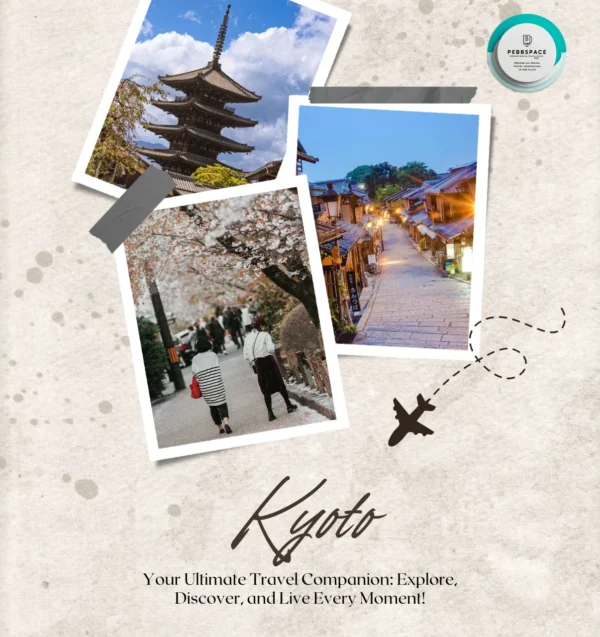 Traditional temple and cherry blossoms in Kyoto with scenic mountain backdrop